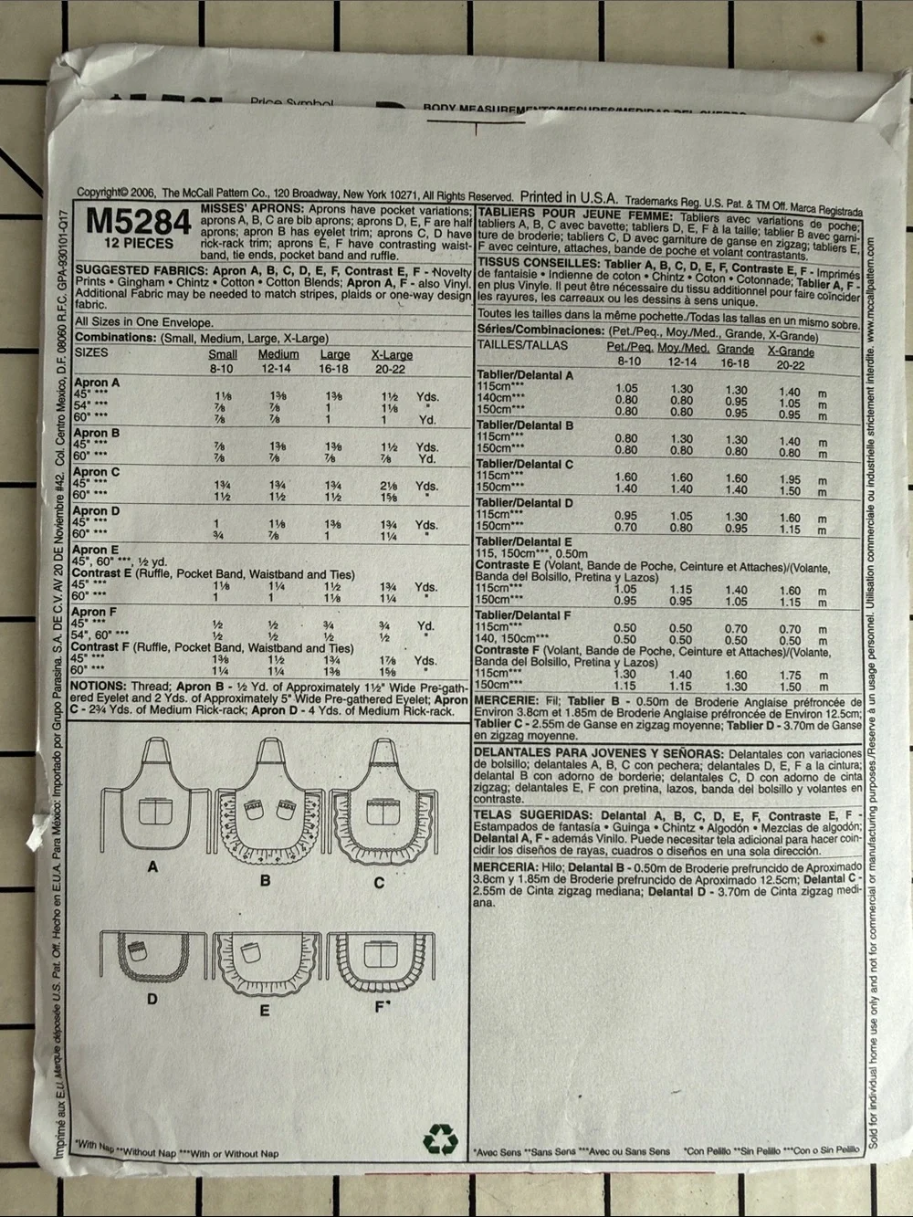 McCall’s M5284 Apron Sewing Pattern UNCUT FF OSZ Bib & Half Aprons 2006 Crafts